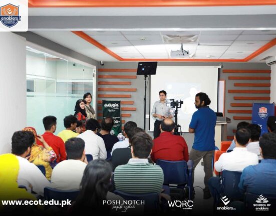 Enablers CEO Saqib Azhar addressing ECOT's students