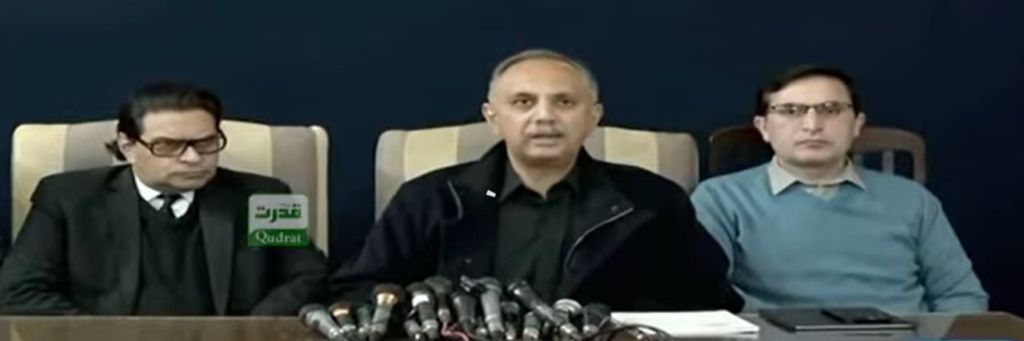 (From left to right) PTI Secretary General Salman Akram Raja, Chairman, Barrister Gohar Ali Khan and Leader of the Opposition in the National Assembly Omar Ayub address a joint press conference on January 7, 2024. — CT /screengrab