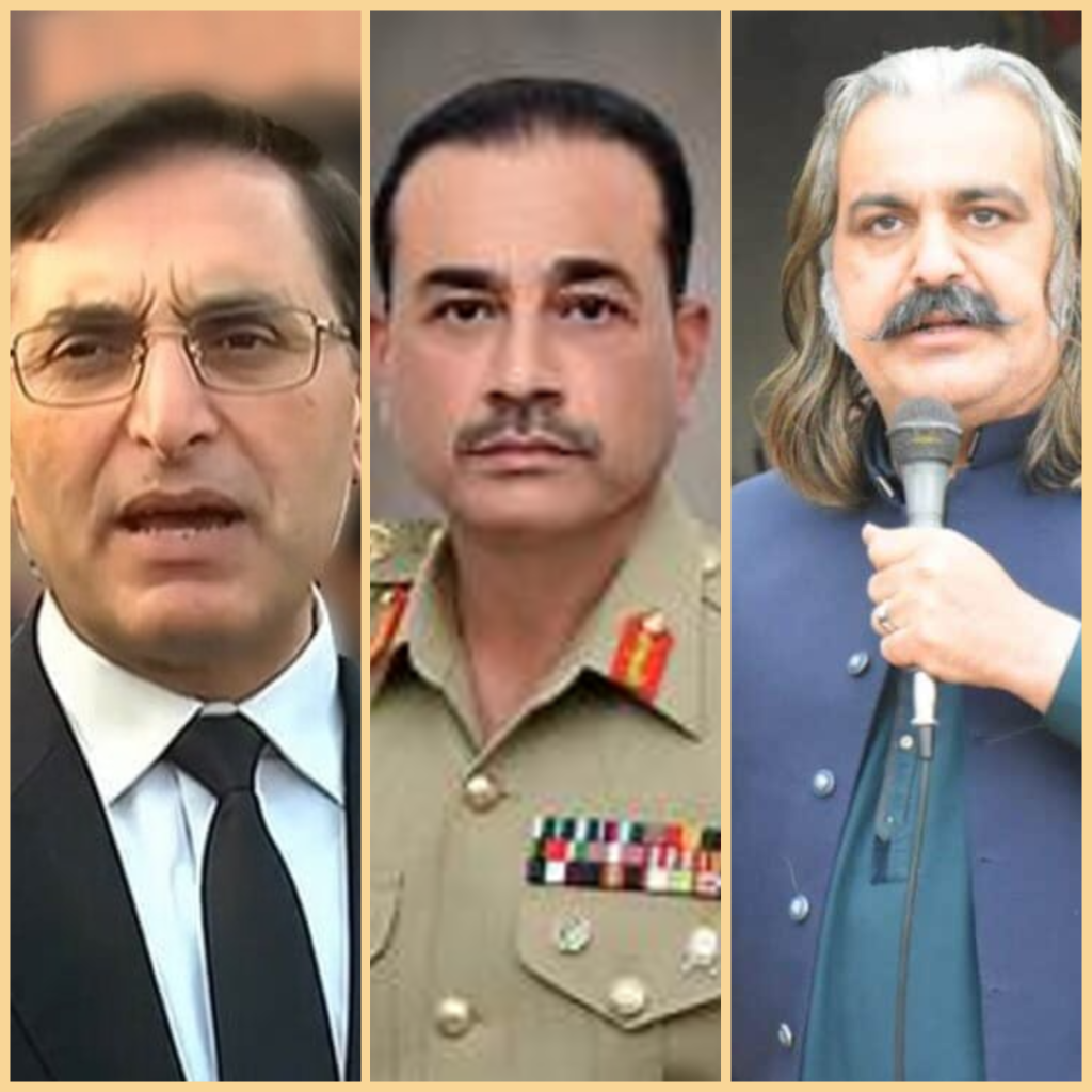(From left to right) PTI Chairman Barrister Gohar, COAS General Asim Munir and KP CM Ali Amin Gandapur